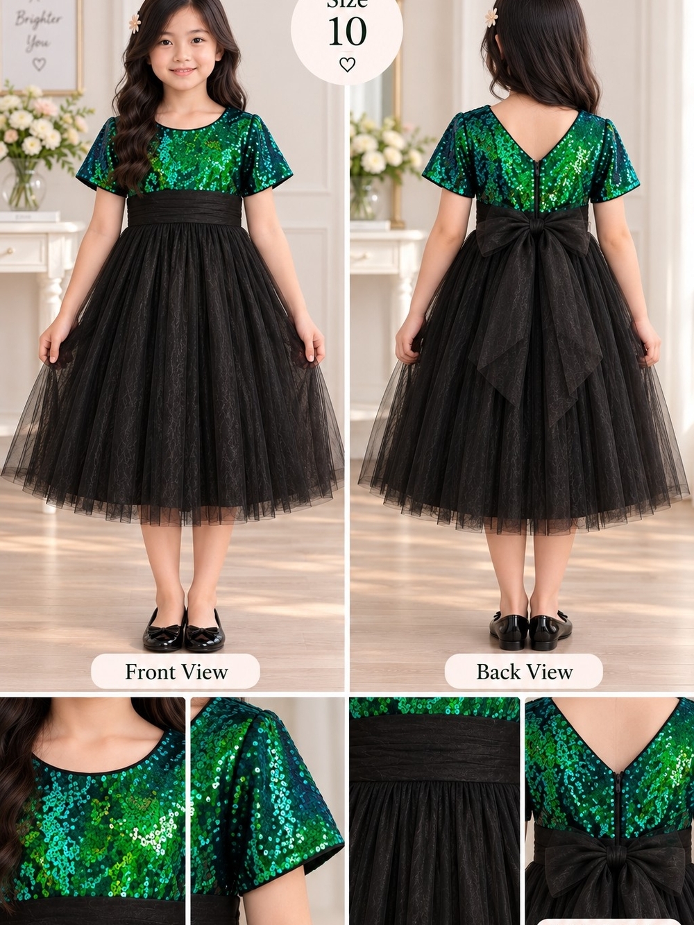 Girls Green Sequin Bodice Black Tulle Party Dress